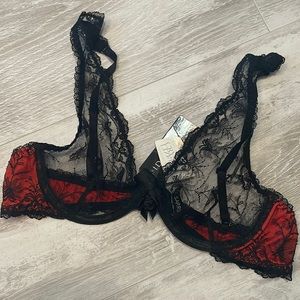 NWT ID Sarrieri Swarovski Embellished Sheer Lace Red Black Bra 32C